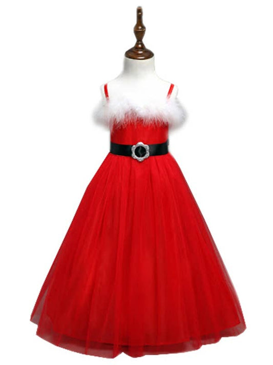 White Fur Red Spaghetti Straps Santa Girl Dress