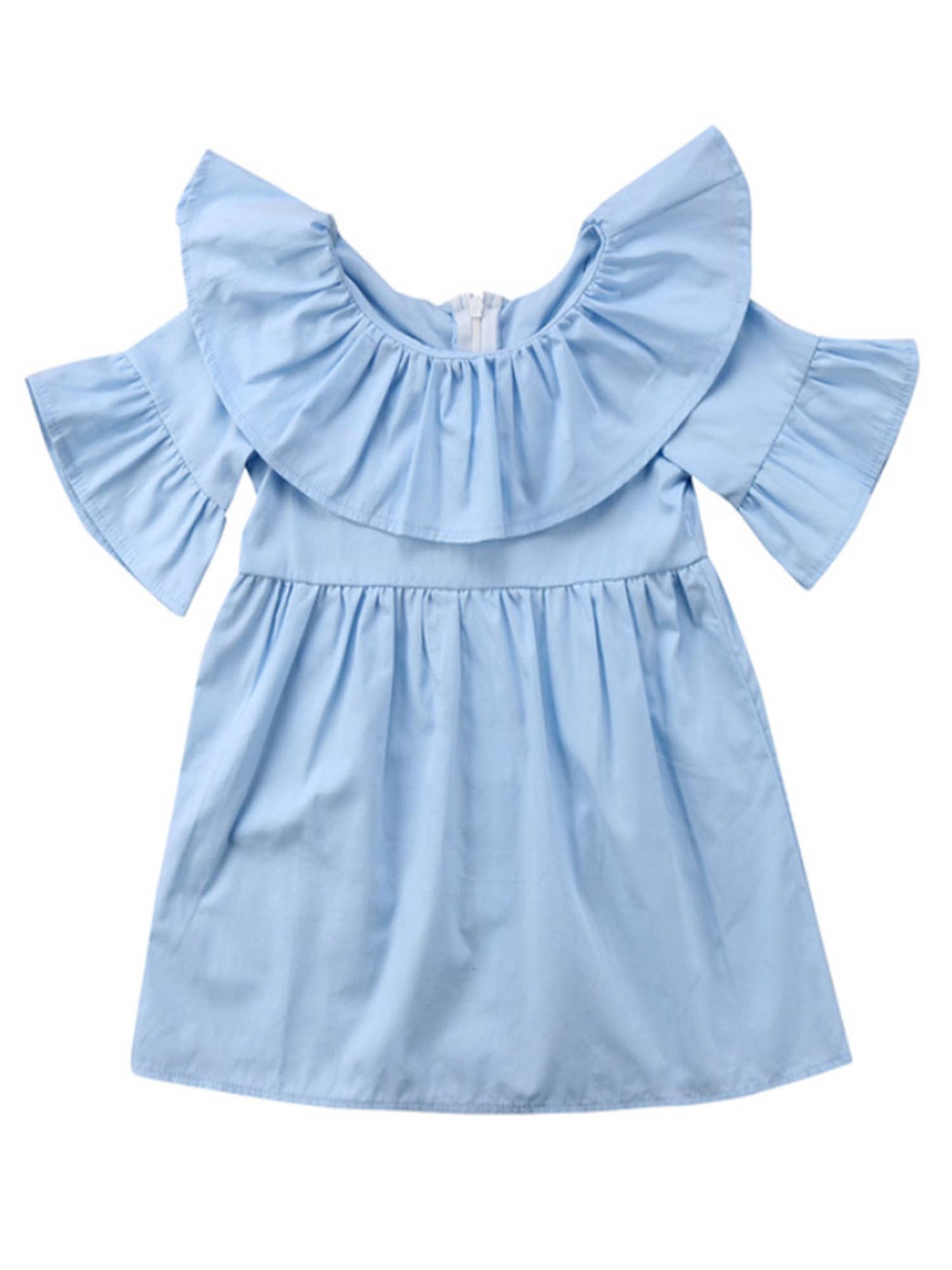 Blue Ruffle Bell Sleeve Cotton Girl Mini Dress
