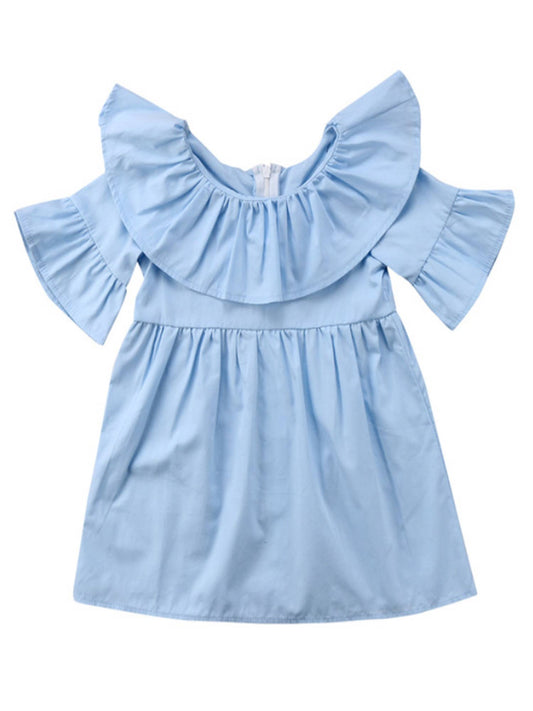 Blue Ruffle Bell Sleeve Cotton Girl Mini Dress