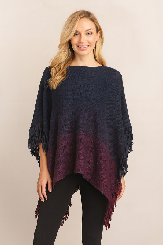 Navy Blue Knit Two-Tone Batwing Fringe Poncho Sweater