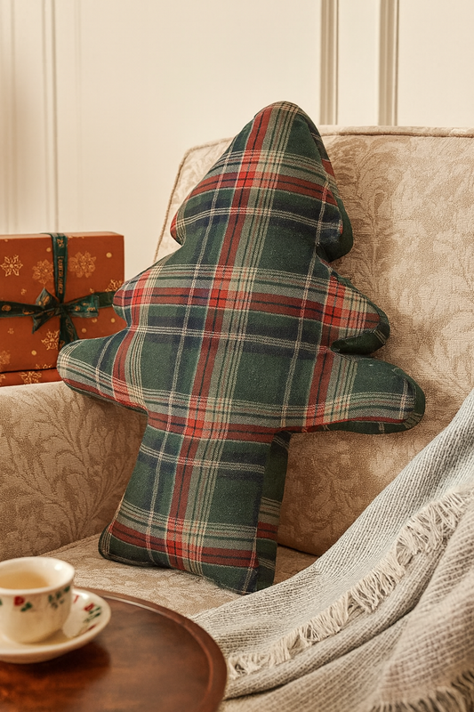 PLW0178 - Tartan Plaid Christmas Tree Shaped 18"x24" Filled Pillow