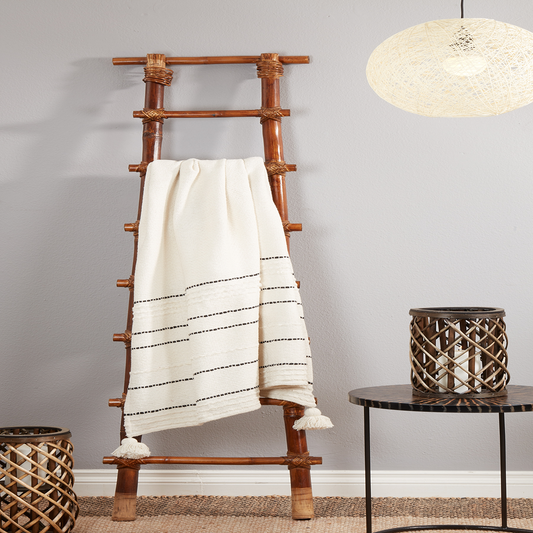 TH171 - Chunky Tassel Stripe Cotton Ivory Throw Blanket