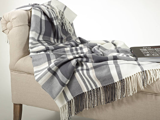 TH261 - Classic Grey-White Plaid Throw Blanket with Fringe