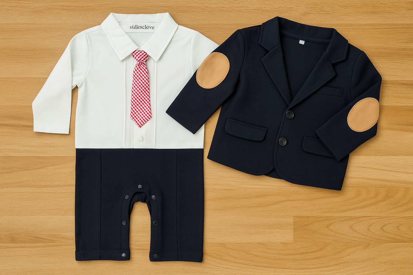 Navy Elbow Patch Jacket and 3D Tie Romper Baby Outfit
