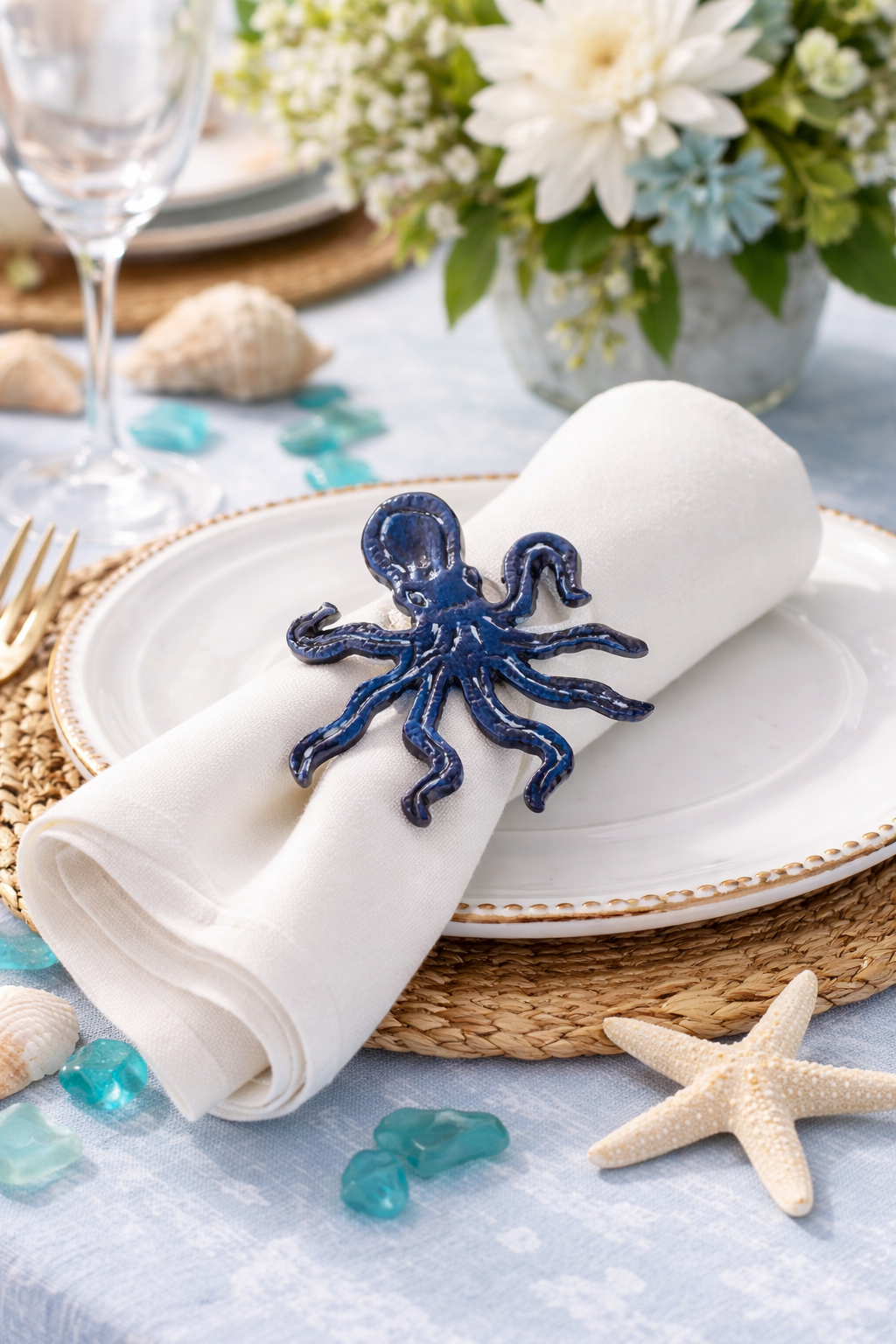 Blue Coastal Octopus Brass Napkin Holder Ring