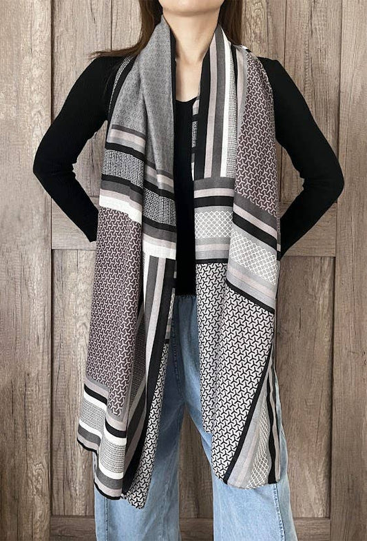 Grey Multi Geometric Pattern Cotton-Wool Wrap Scarf