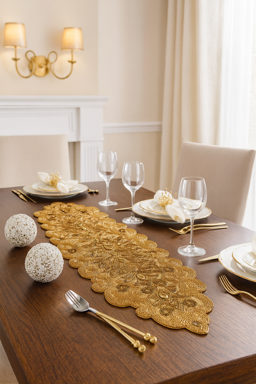 1049 - Gold Beaded Scroll Motif 12x38 Inch Table Runner