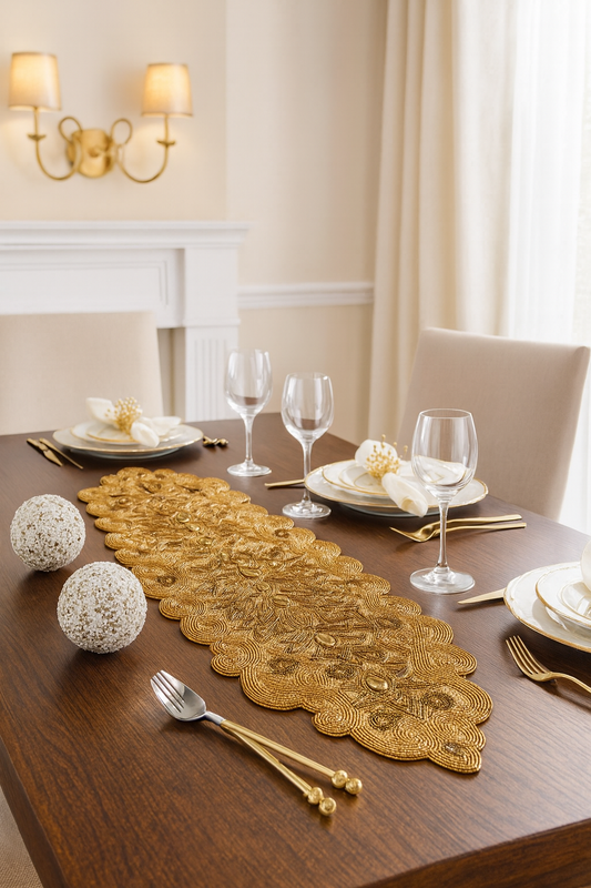 1049 - Gold Beaded Scroll Motif 12x38 Inch Table Runner