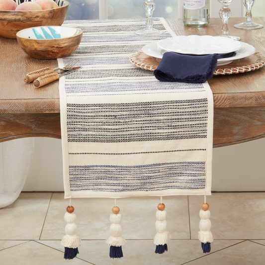 884 - Navy Ivory Stripe Wooden Beaded Tassel Cotton Table Runner
