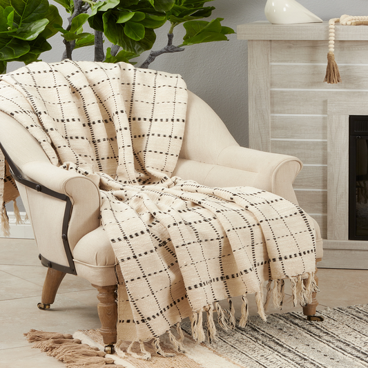TH292 - Natural Dashed Line Tassel 50"X60 Cotton Throw Blanket