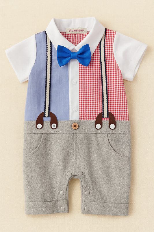 American Flag Design Faux Suspenders Baby Tuxedo Romper