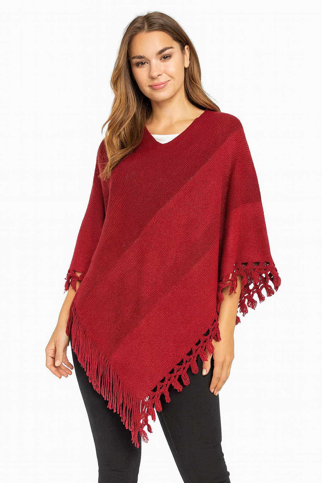 Red Color Block Fringe Poncho Sweater