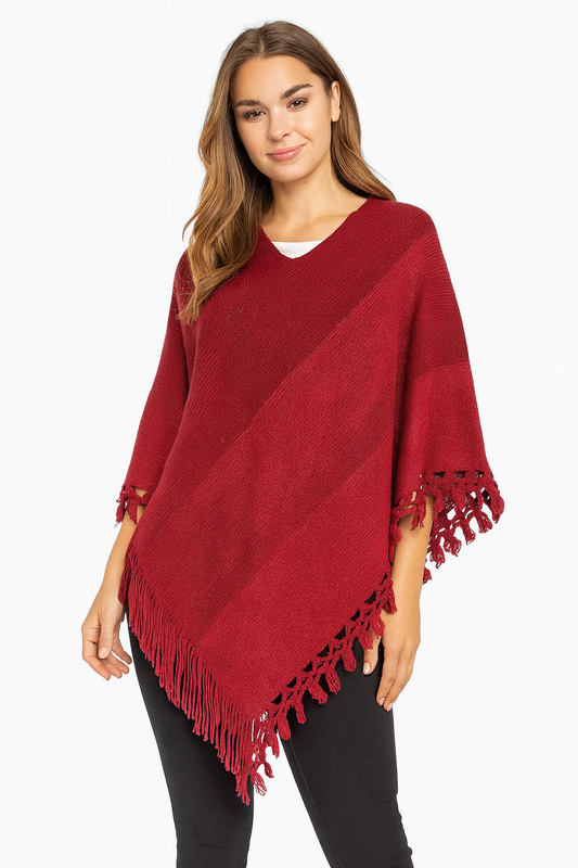 Red Color Block Fringe Poncho Sweater