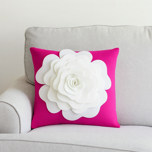 PLW0123 - Magenta 3D White Rose Flower 17" Throw Pillow