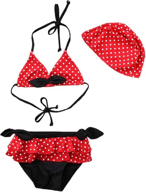 Red and Black Polka Dots 3pcs Girl Swimsuit Set
