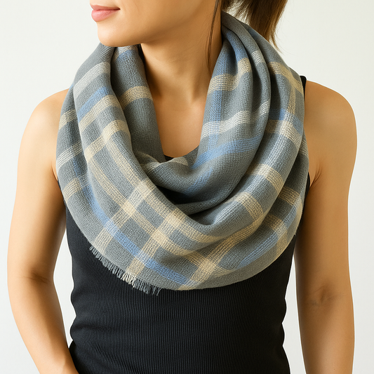 Grey Tartan Plaid Infinity Loop Scarf with Fringes