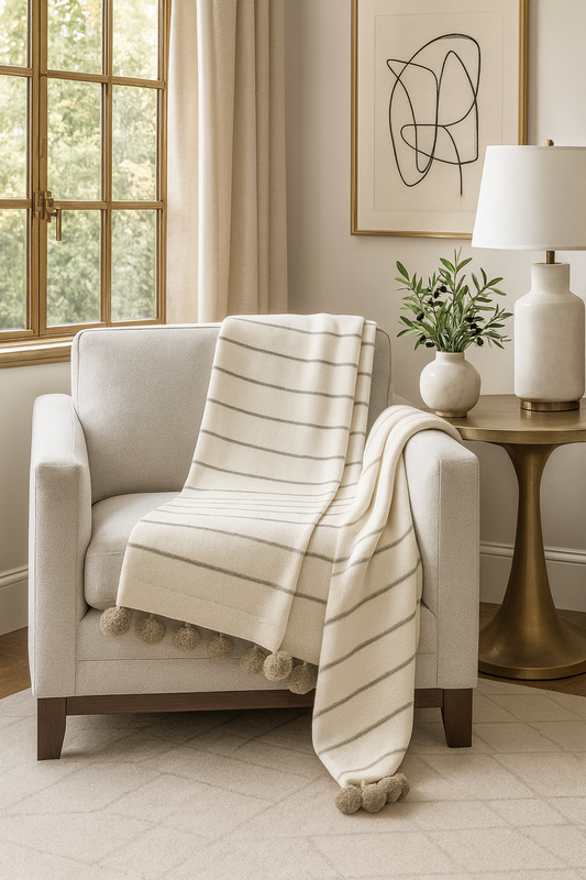 TH332 - Ivory Pom pom Striped Woven 50"x60" Throw Blanket