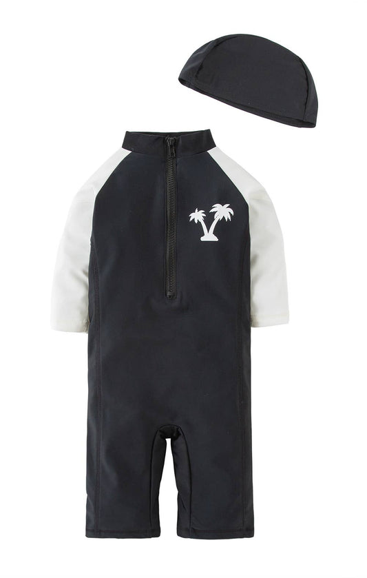 Black-White Palm Tree Rash Guard, Hat 2-Piece Boy Swimwear