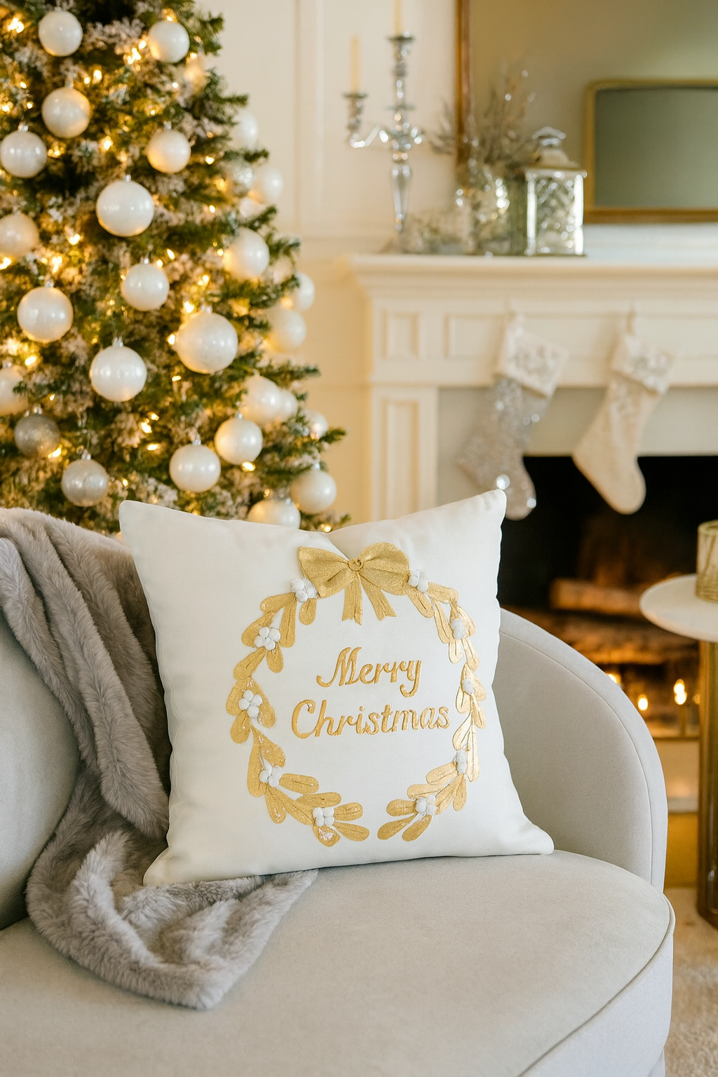 9387 - Gold Wreath Embroidered “Merry Christmas” 18" Throw Pillow