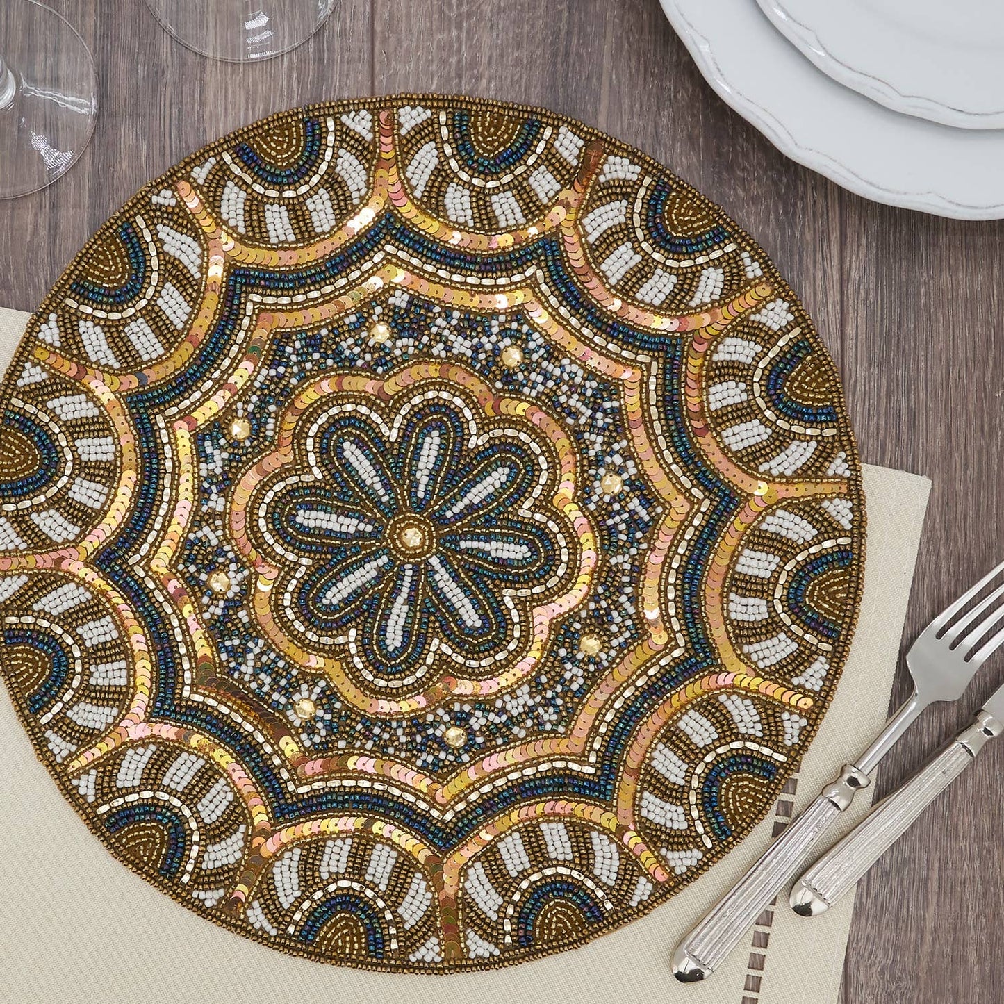 4517 - Gold Hand Beaded Floral 14" Placemat