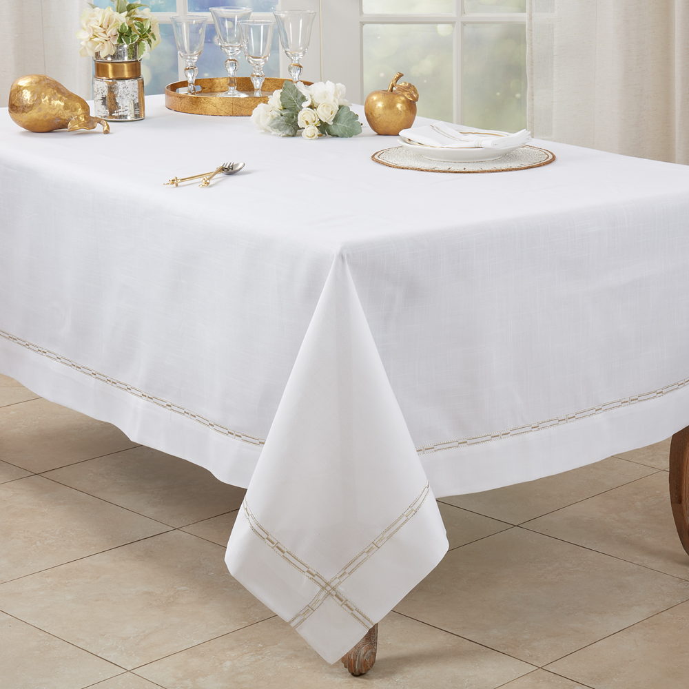 3496 - Gold Embroidered Border White Tablecloth