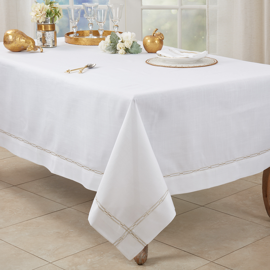 3496 - Gold Embroidered Border White Tablecloth