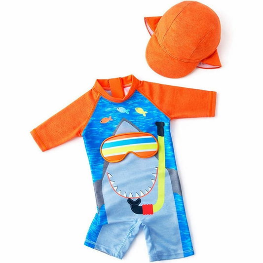 Shark Rash Guard & Swim Hat 2-Piece Boy Swimwear Set