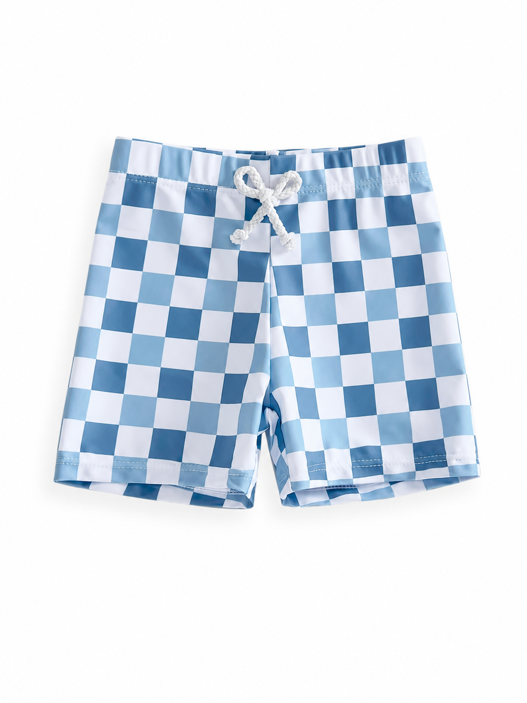 Blue-White Checkered Boys Swim Shorts with Drawstring Waist