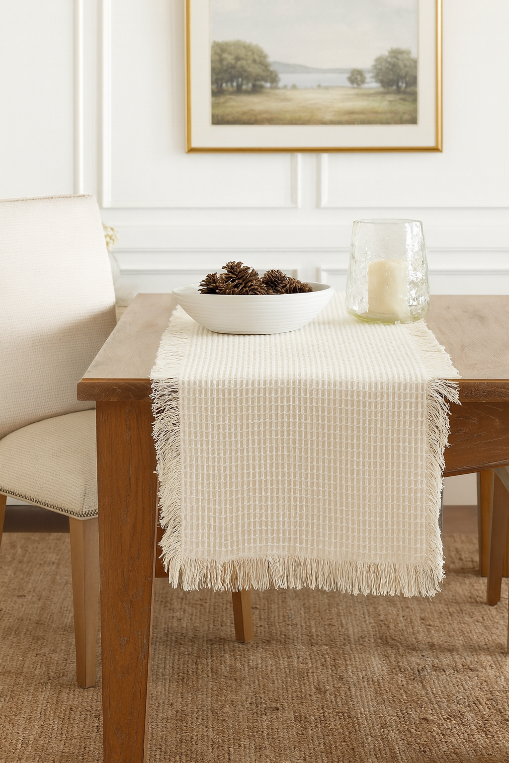 2631 - Ivory Waffle Weave Fringe Cotton Table Runner - 16"X72"