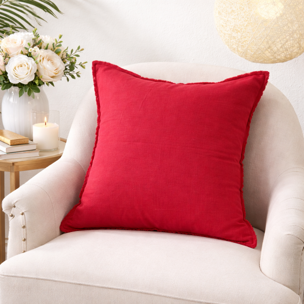 13049 - Red Fringed Design Down-Filled Linen 20" Throw Pillow