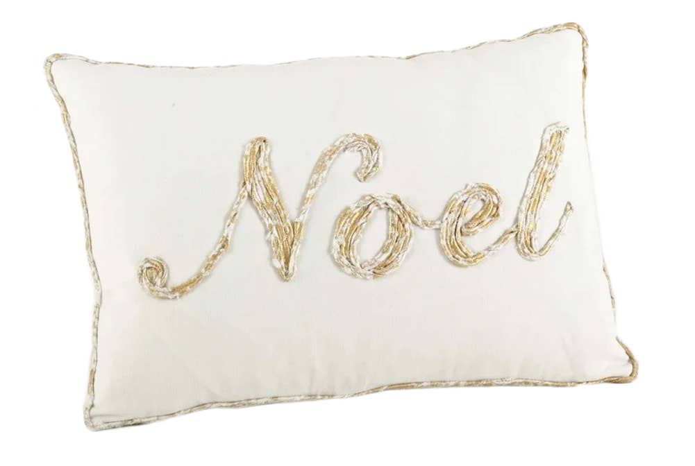 9282 - Gold Embroidered Noel 13"X20" White Throw Pillow