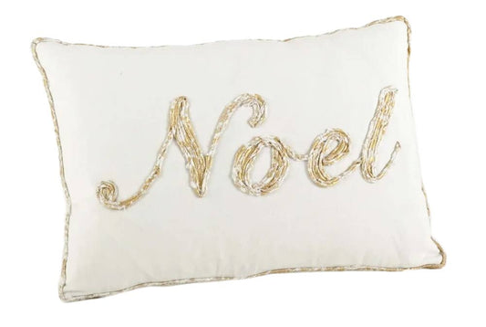 9282 - Gold Embroidered Noel 13"X20" White Throw Pillow