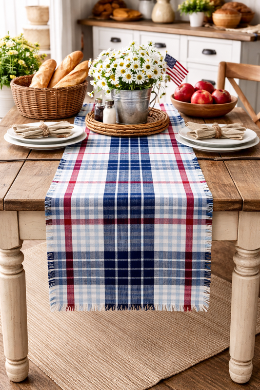 Rustic Americana Plaid Cotton Table Runner - 14x72 in
