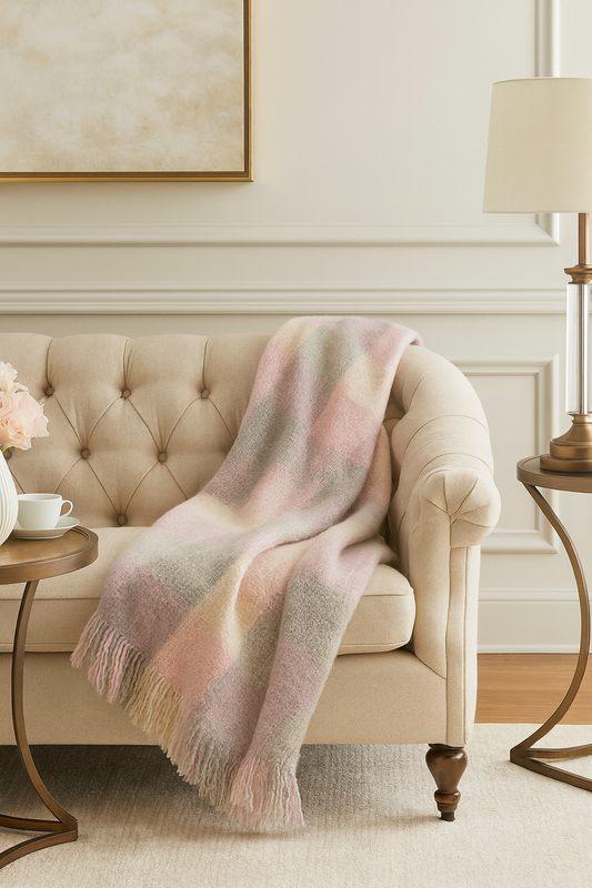 TH0004 - Pink-Multi Faux Mohair Plaid Fringed Throw Blanket