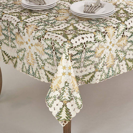 QX296 - Christmas Tree Cutwork White Tablecloth