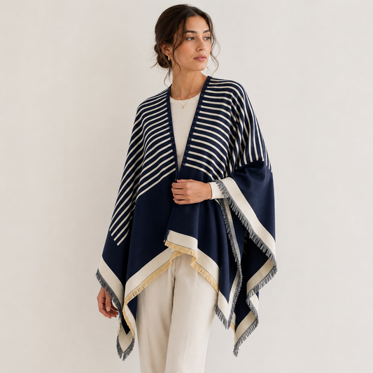 Navy & Ivory Cashmere-Feel Striped Shawl Wrap Poncho