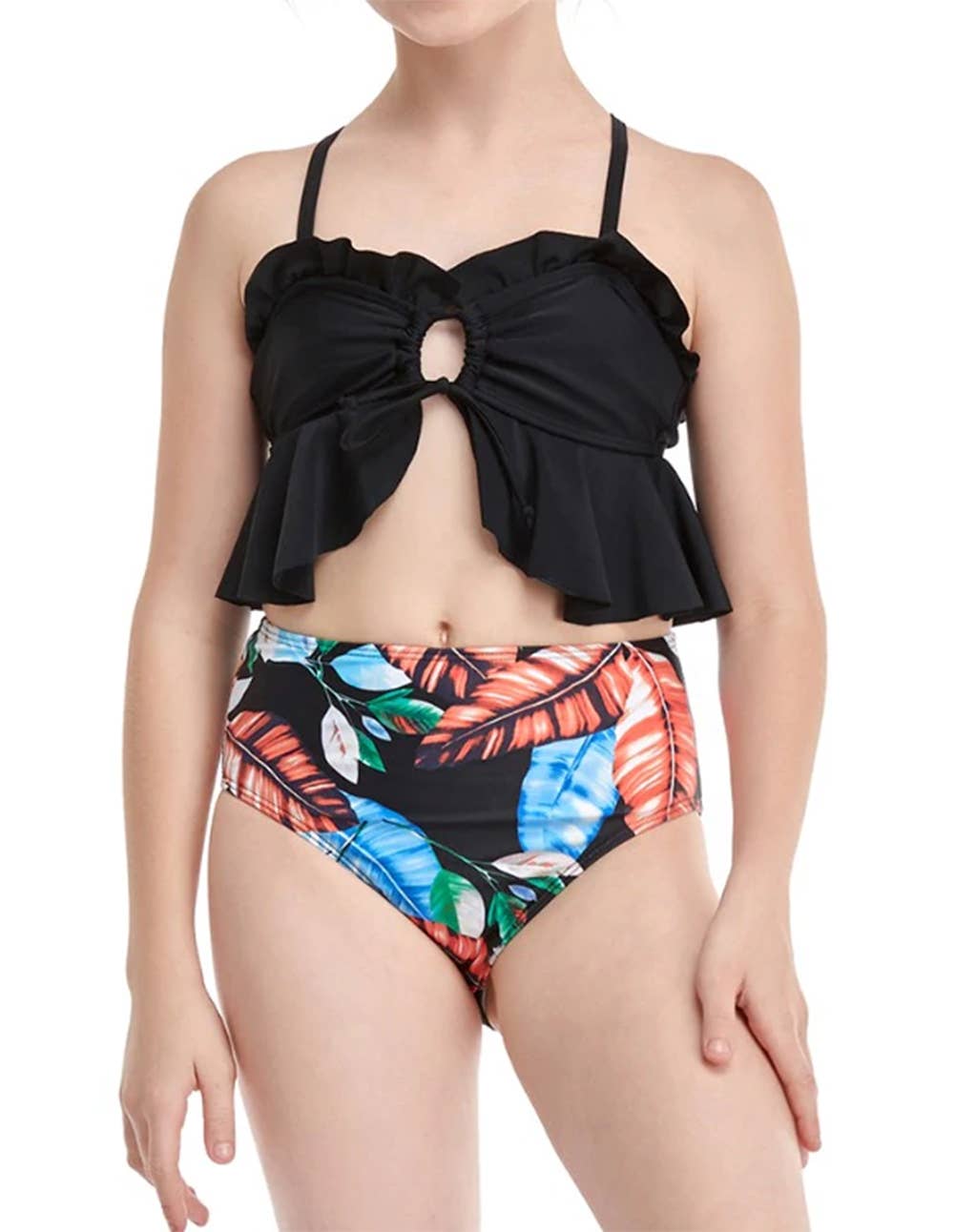 Black Ruffle Tropical 2pcs Girl Bikini Set