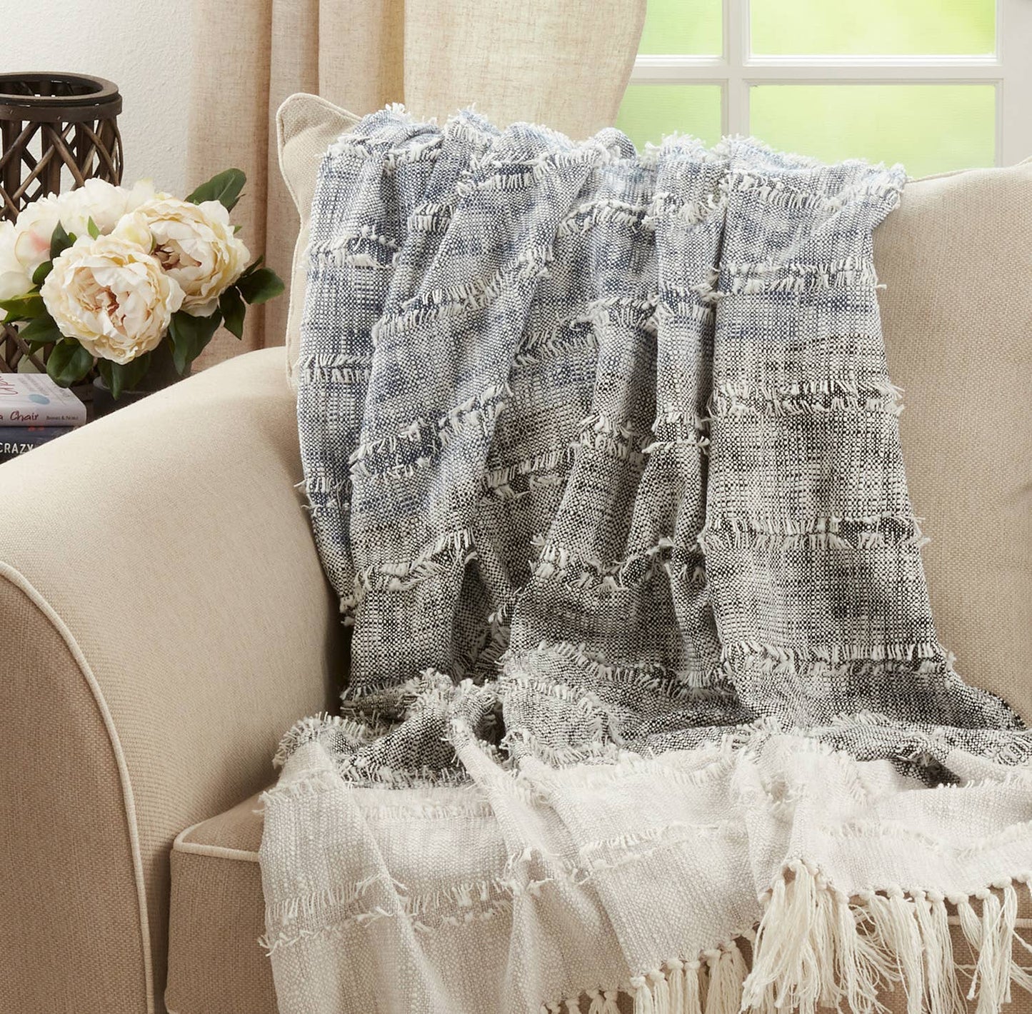 TH963 - Navy Blue Color BlockCotton Blend 50x60 Throw Blanket
