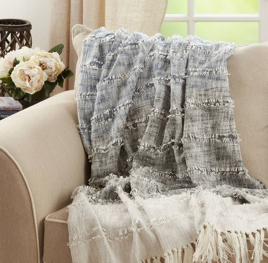 TH963 - Navy Blue Color BlockCotton Blend 50x60 Throw Blanket