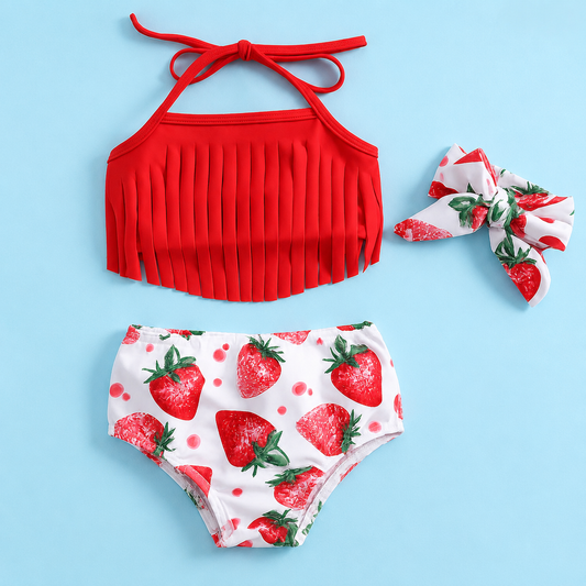 Red Strawberry 3-Piece Little Girl Swimsuit Set