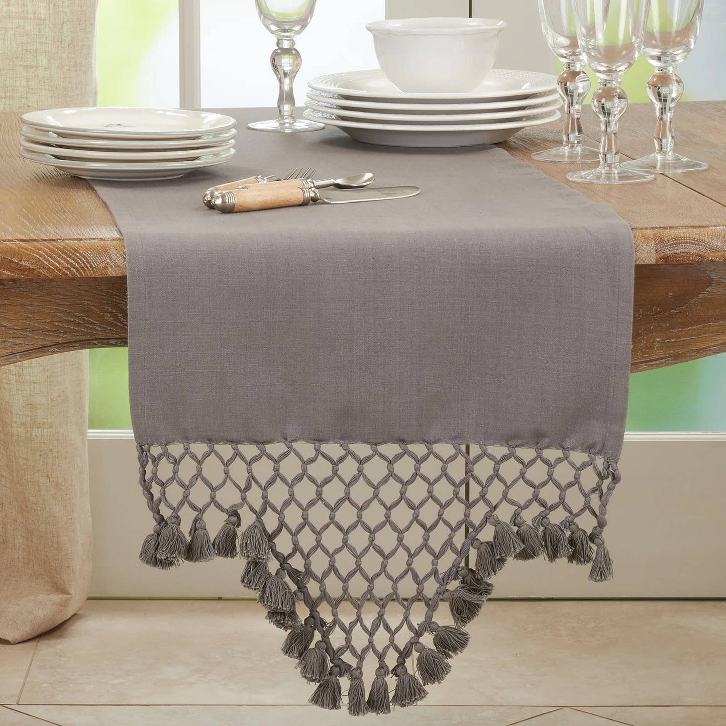 1220 - Grey Braided Tassel Cotton 16"x72" Table Runner