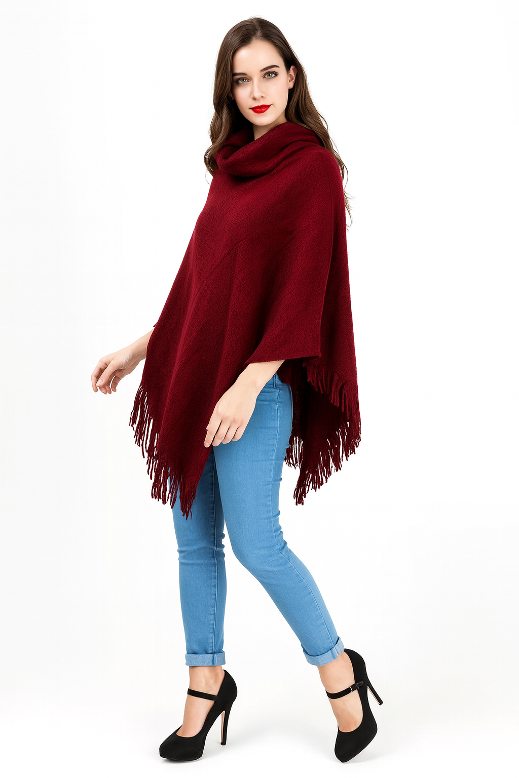 Burgundy Knitted Turtleneck Pullover Fringe Poncho Sweater