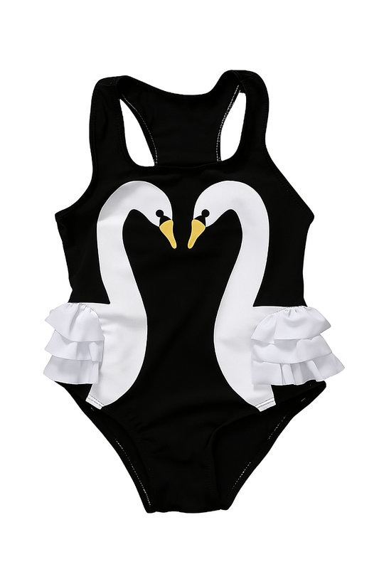 Black & White Swan Ruffle Girl Swimsuit
