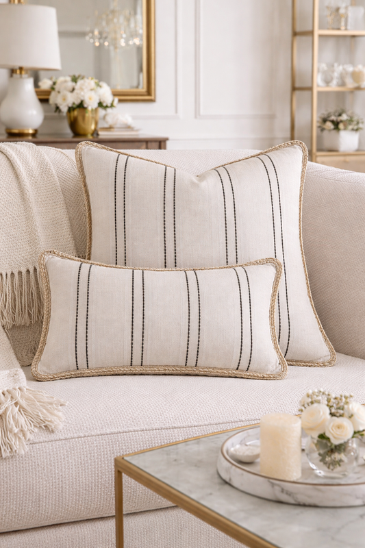 Neutral Striped Throw Pillow with Braided Trim