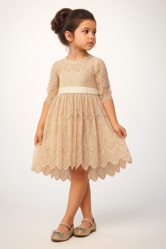 Beige Vintage Lace 3/4 Sleeve A-Line Girl Dress