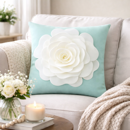 Mint 3D White Rose Flower 17" Throw Pillow