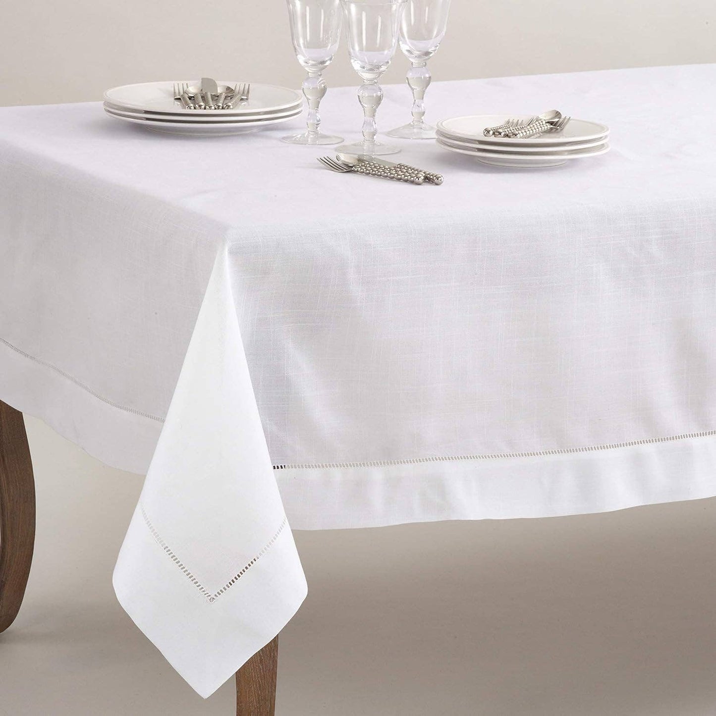 6100 - White Classic Hemstitched Linen Blend  65"X180" Tablecloth