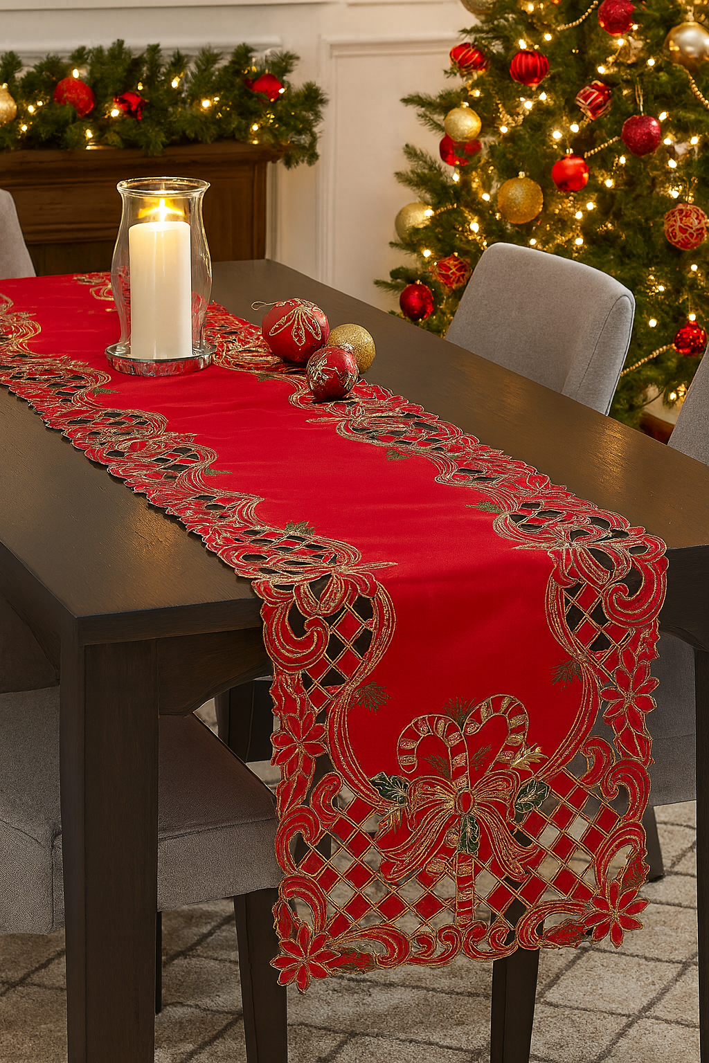 TBL0050 - Holly Bow Christmas Design Red Table Runner