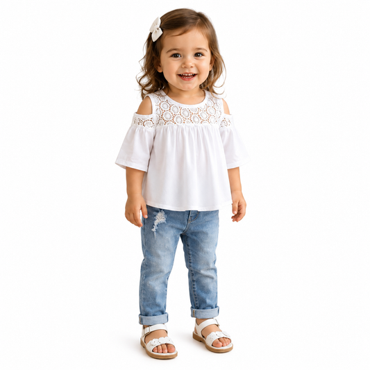 Lace Off-Shoulder 3/4 Sleeve Blouse & Jeans 2pcs Girl Outfit