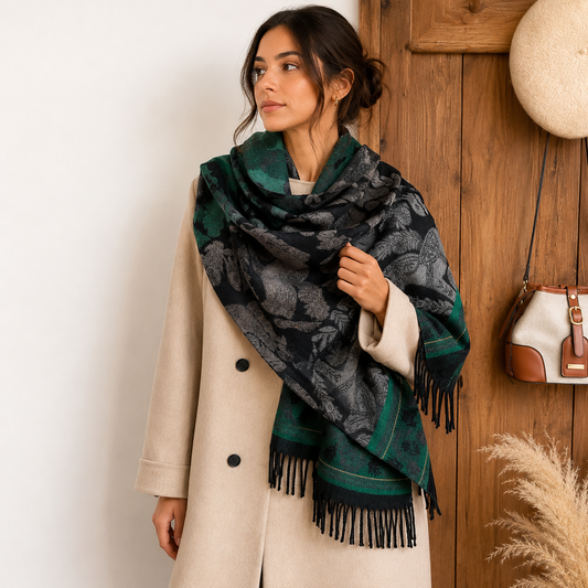 Green Boho Paisley Jacquard Cashmere-Feel Shawl Wrap